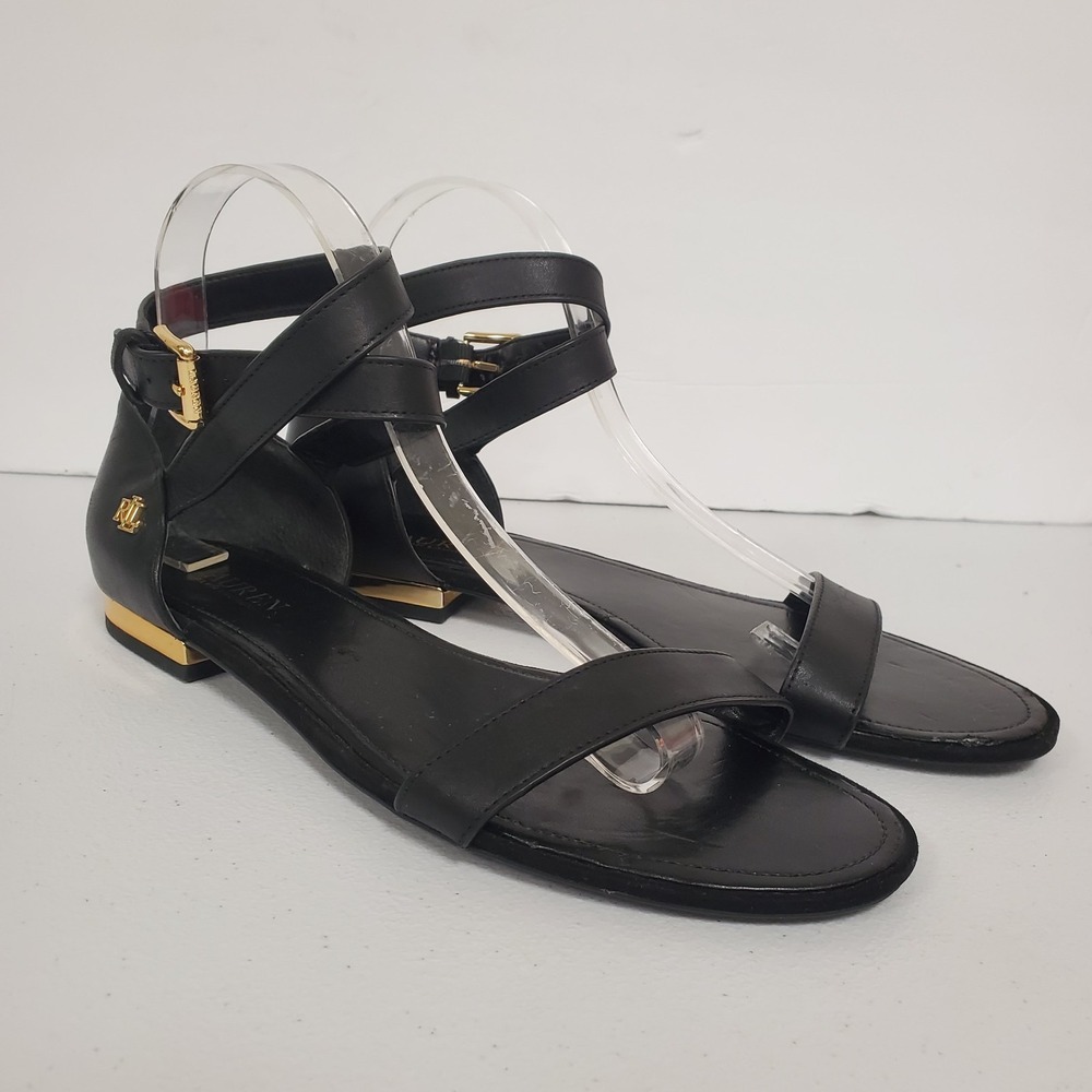 Lauren Ralph Lauren Womens Black Leather Strappy Sandals Size 9.5 Gladiator Wrap